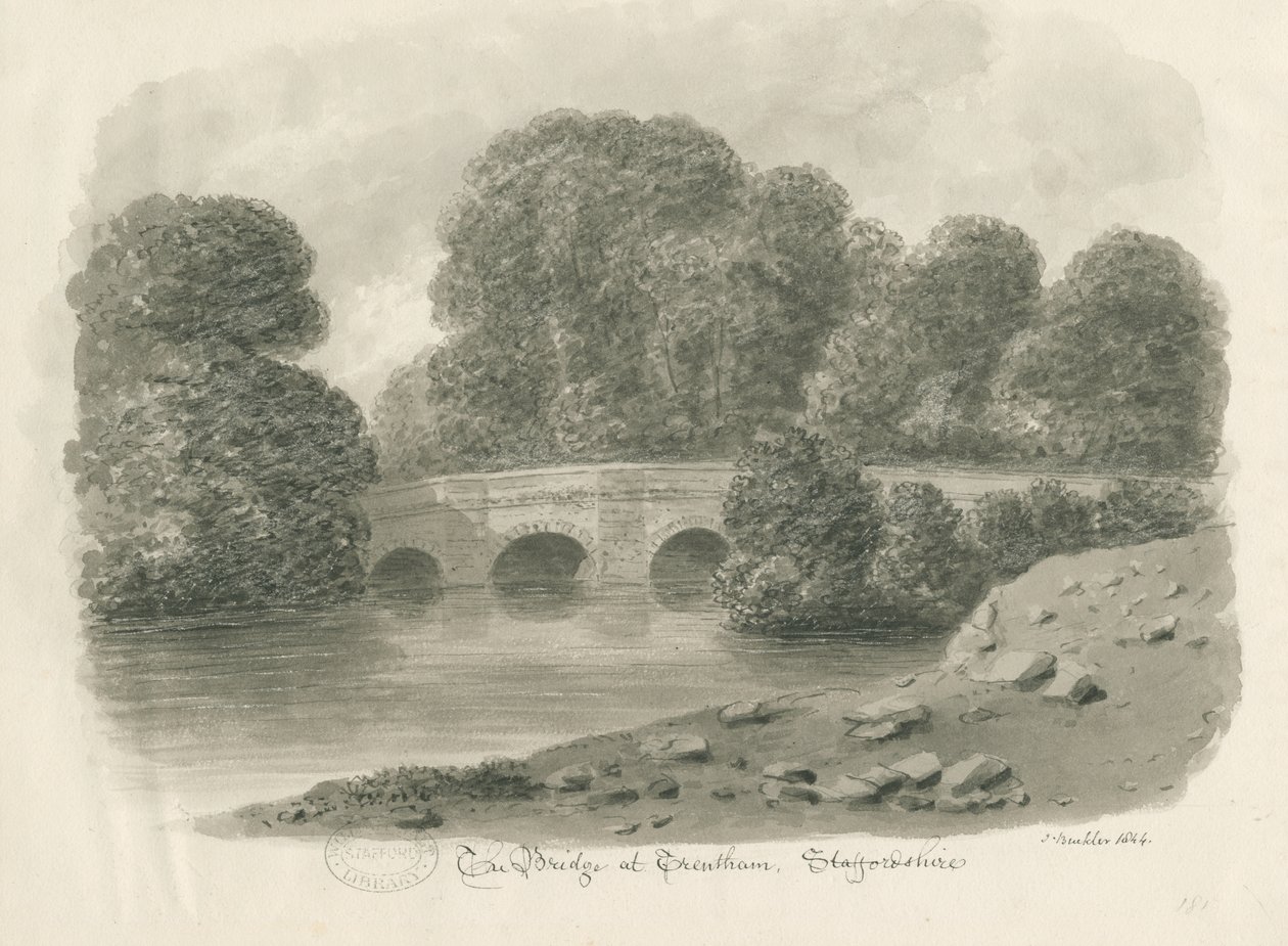 Trentham Hall - Bridge: sepia vask tegning, 1844 af John Buckler