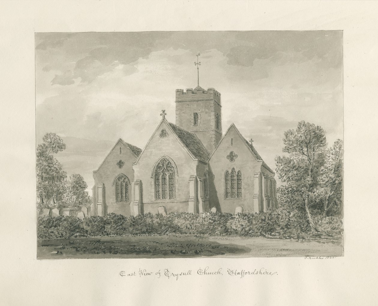 Trysull Kirke: sepia vasketegning, 1846 af John Buckler