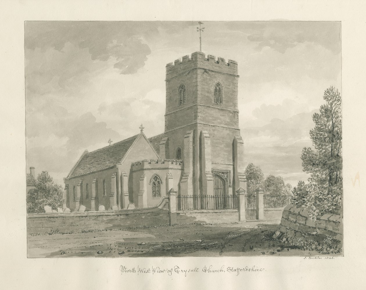 Trysull Kirke: sepia vasketegning, 1846 af John Buckler