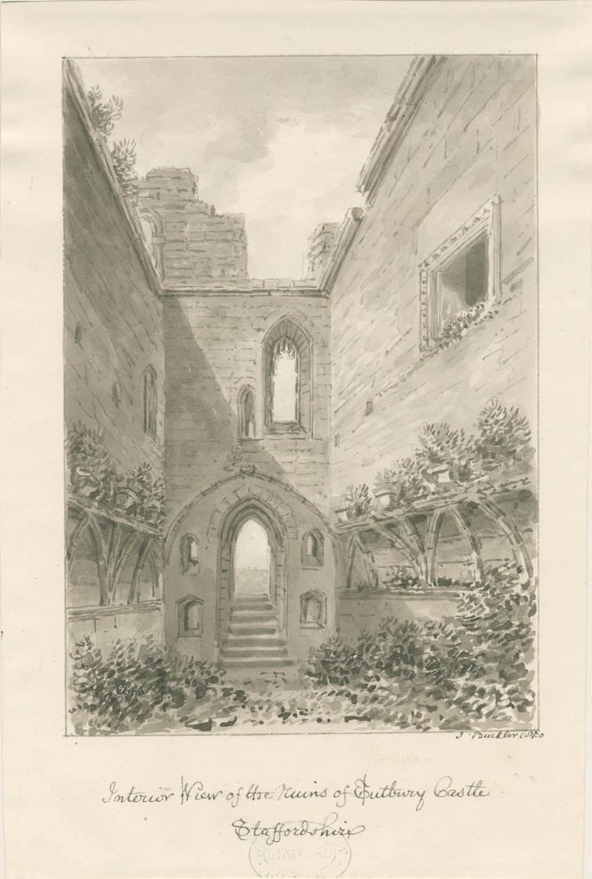 Tutbury Castle - Interior of Ruins: sepia vask tegning af John Buckler