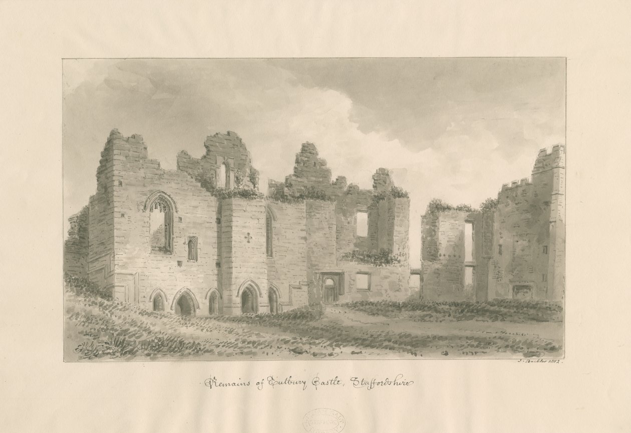 Tutbury Castle - Remains from Inner Courtyard: sepia wash drawing, 1812dani af John Buckler