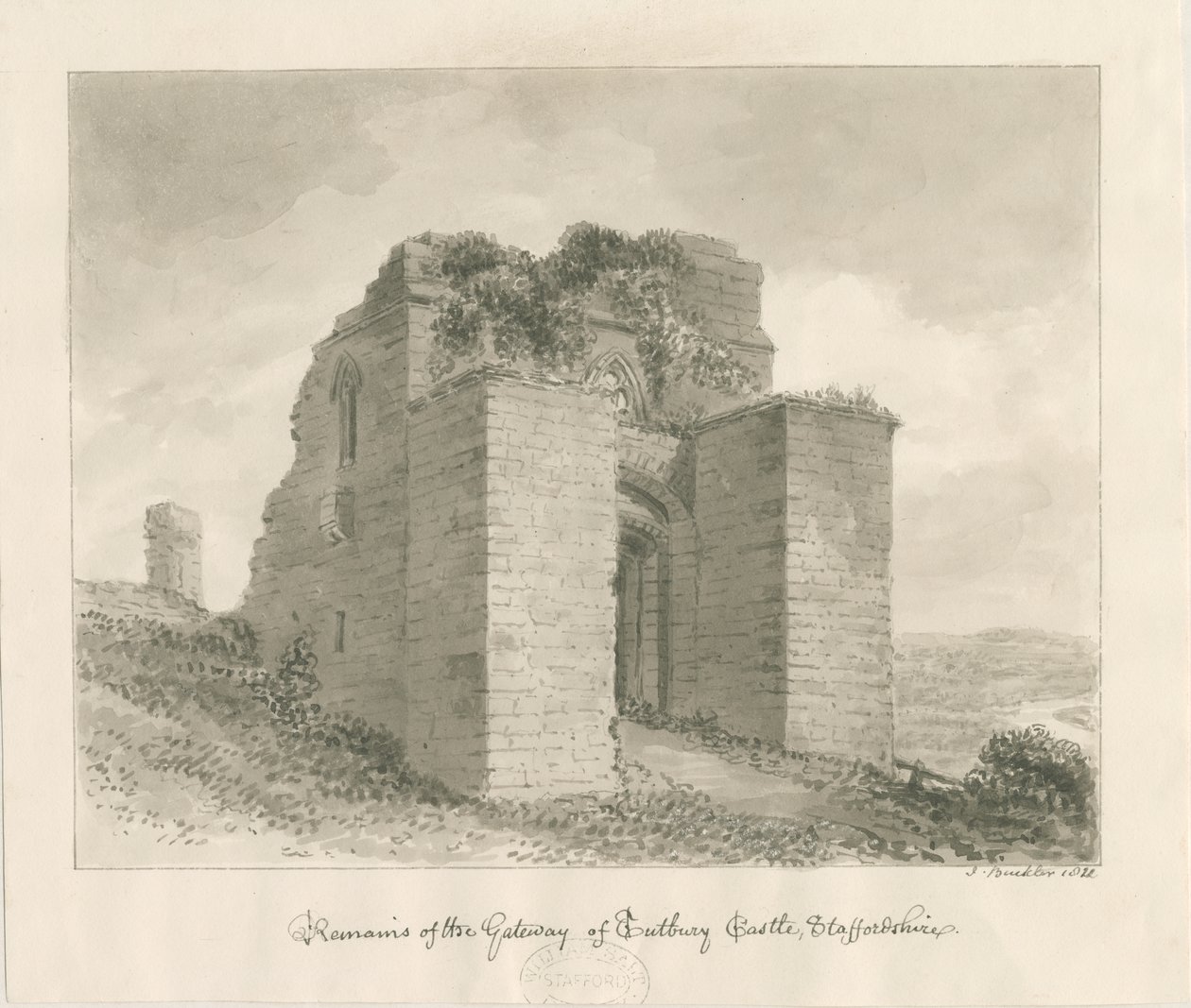 Tutbury Castle - Remains of the Gateway: sepia vask tegning af John Buckler