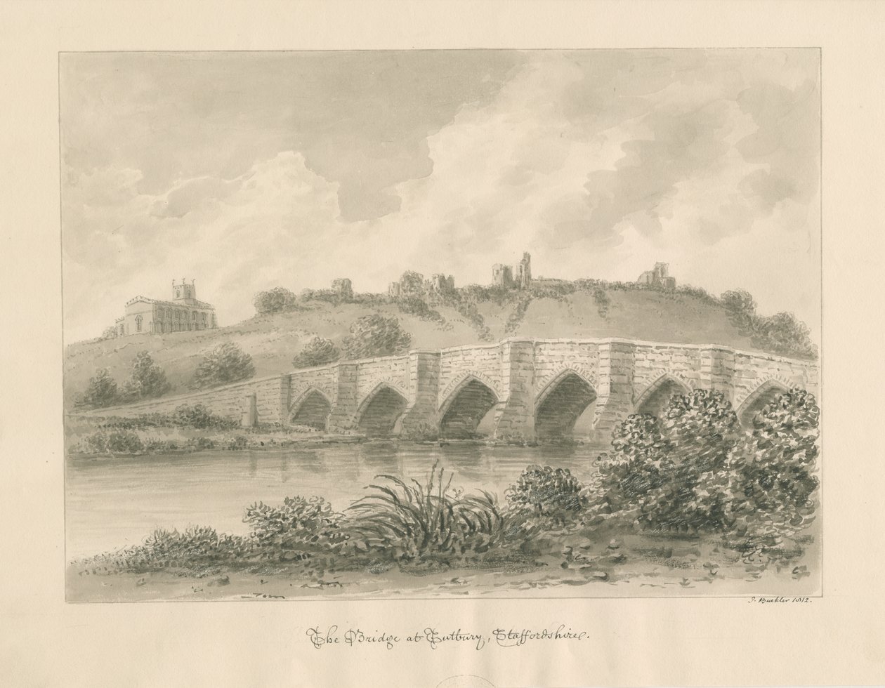 Tutbury Castle, Church and Bridge: sepia vask tegning af John Buckler