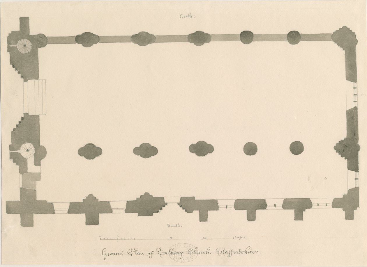 Tutbury Priory Church - Plan: blyant- og sepia-tegning, nd [?1812] (tegning) af John Buckler