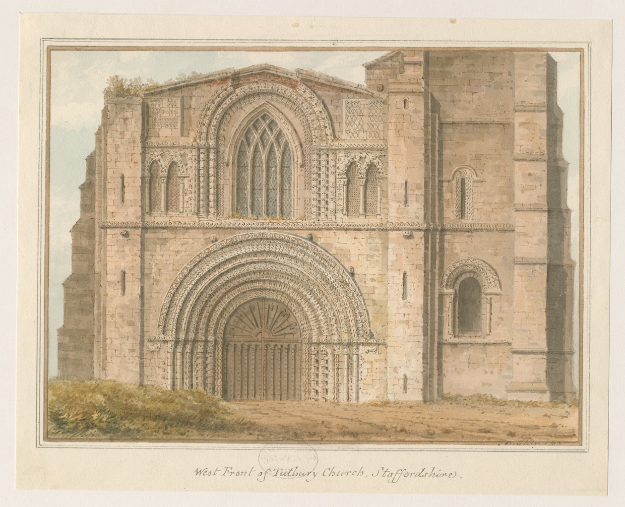 Tutbury Priory Church - West Front: vandfarvemaleri, 1813 af John Buckler