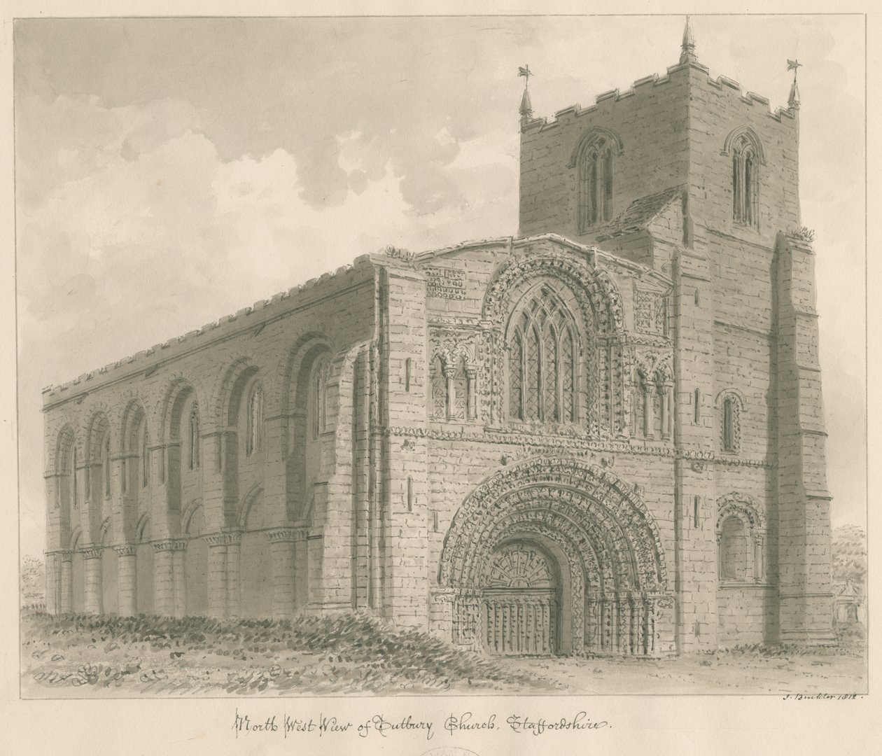 Tutbury Priory Church: sepia tegning af John Buckler