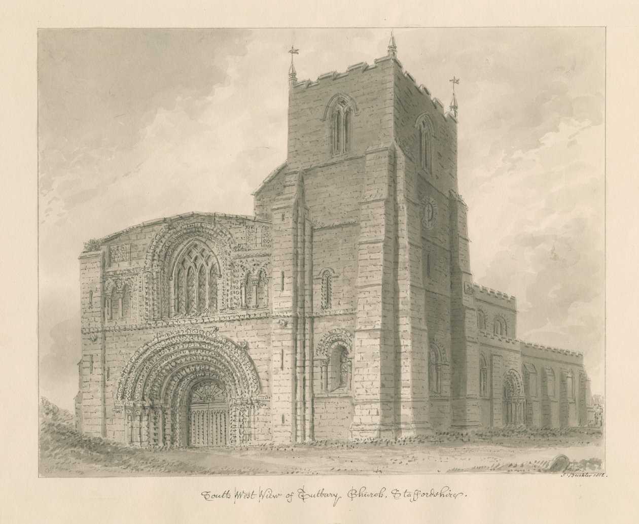 Tutbury Priory Church: sepia vask tegning af John Buckler