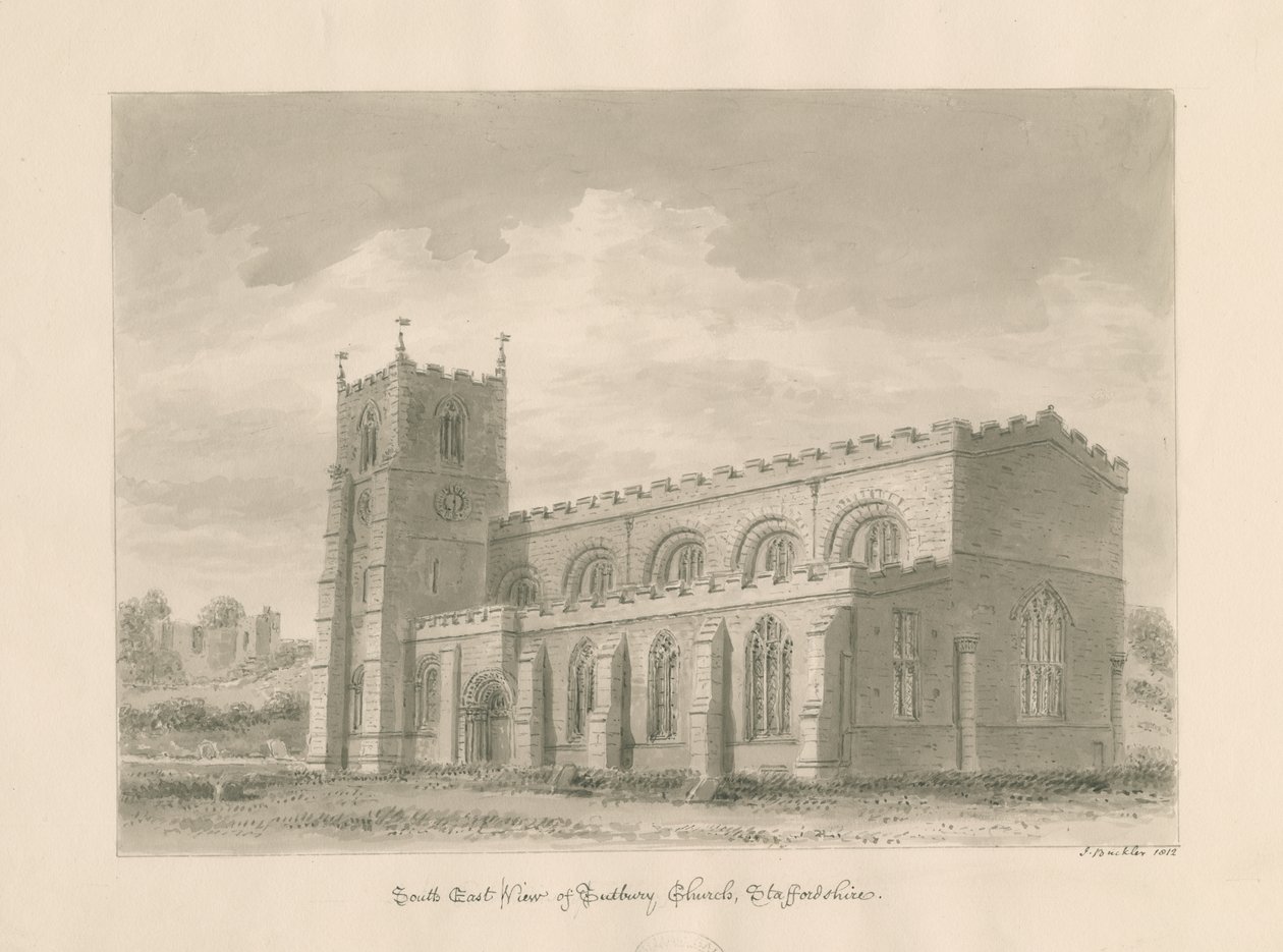 Tutbury Priory Church: sepia vask tegning, 1812 af John Buckler
