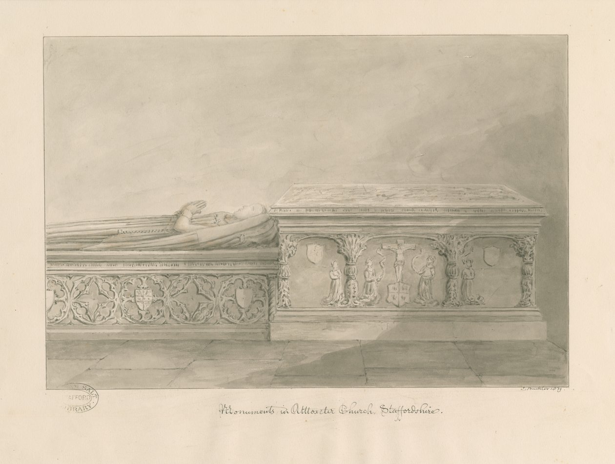 Uttoxeter Church - Tombs of Thomas Kinnersley og en kvinde: sepia vask tegning af John Buckler