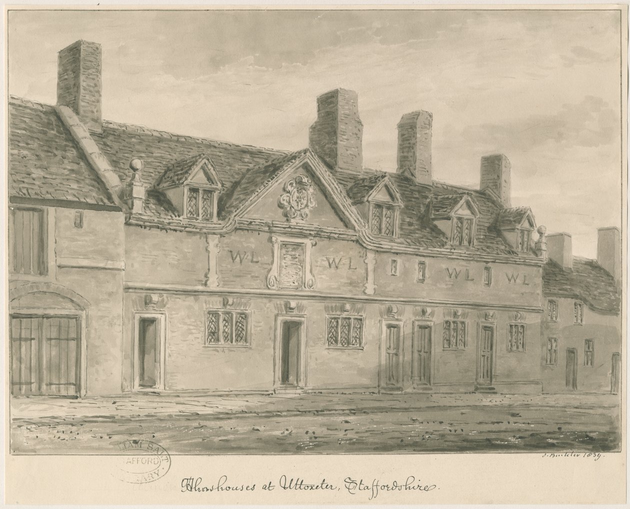 Uttoxeter Town - Almshouses: sepia wash drawing, 1839dani af John Buckler
