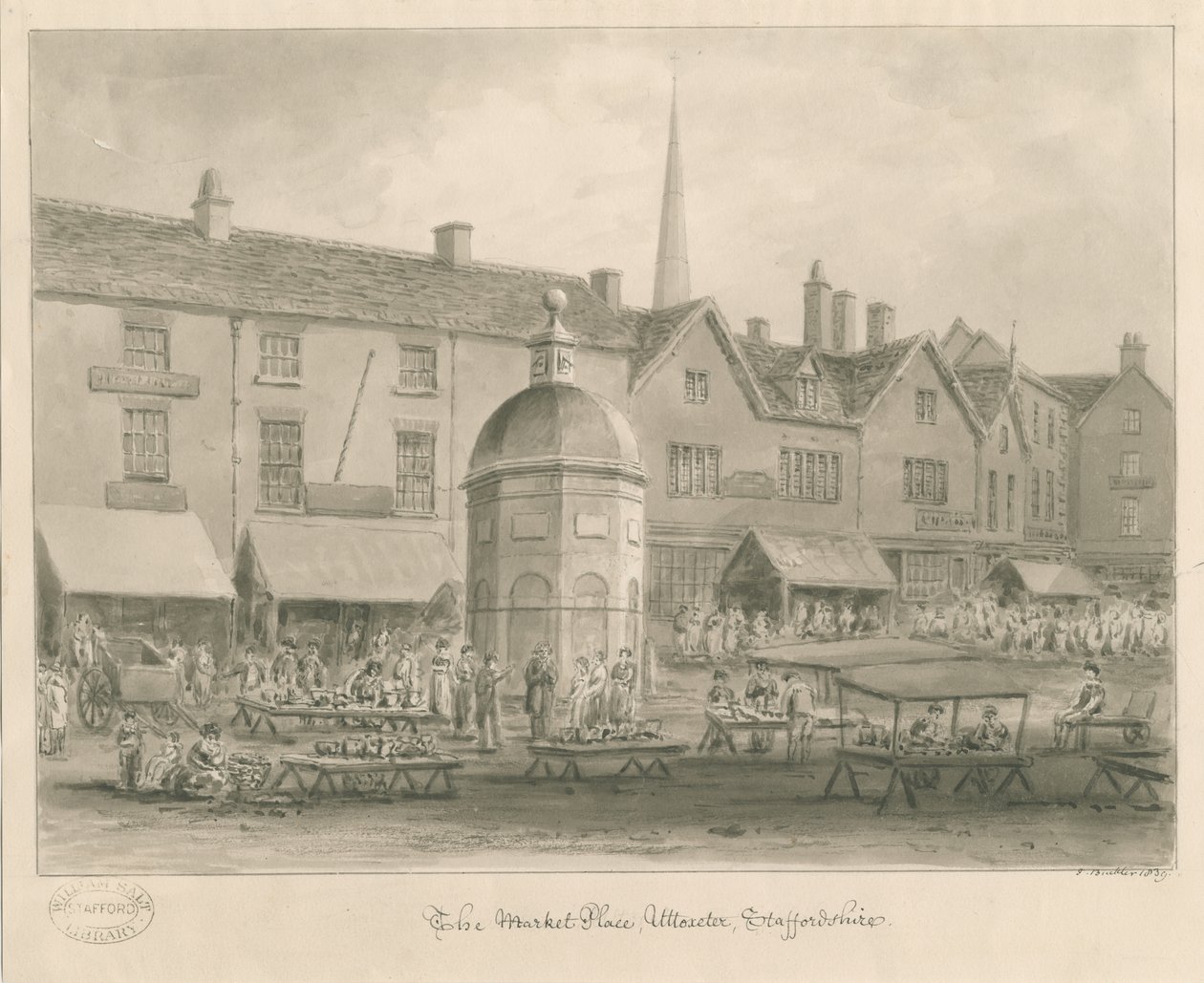 Uttoxeter Town - Market Place: sepia vask tegning af John Buckler