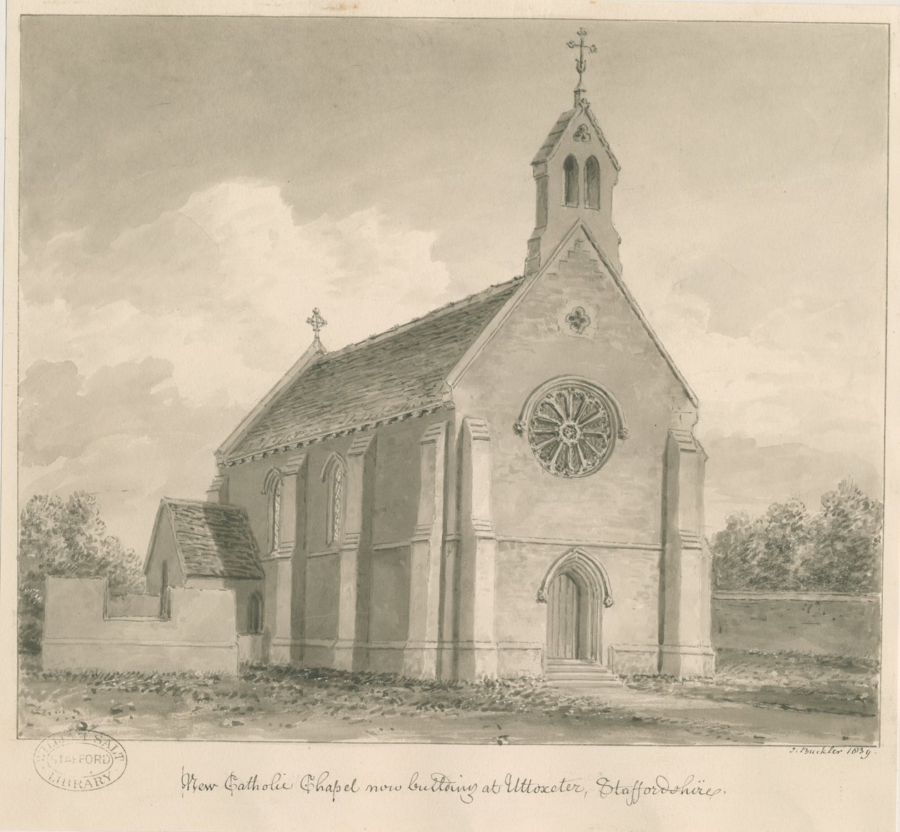 Uttoxeter Town - New Catholic Chapel: sepia-tegning af John Buckler