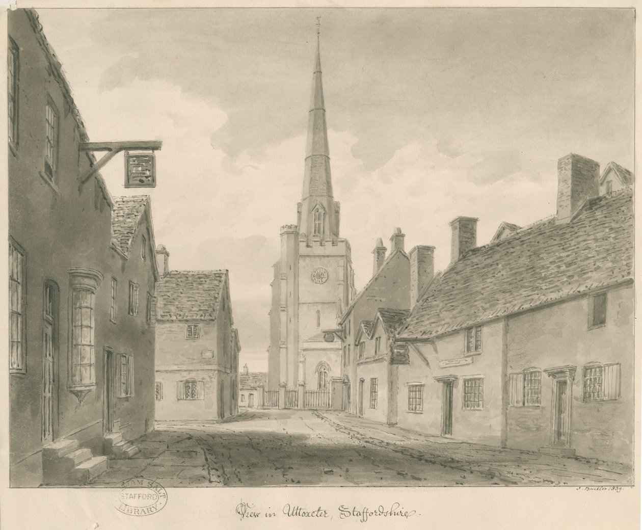 Uttoxeter Town - Street View: sepia tegning af John Buckler