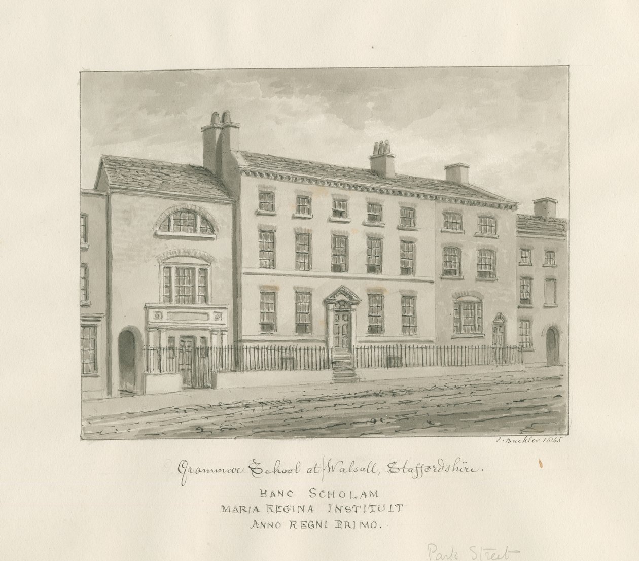 Walsall Town - Grammar School: sepia wash drawing, 1845dani af John Buckler