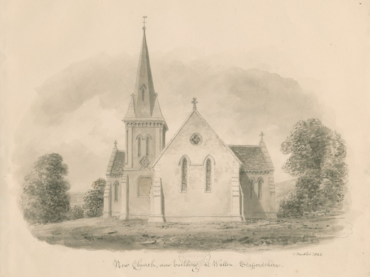 Walton-on-the-Hill Church: sepia-tegning, 1842 af John Buckler