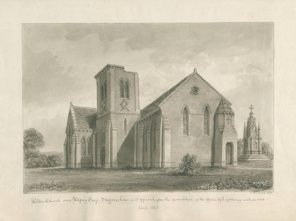 Walton-on-the-Hill Church: sepia wash drawing, 1844dani af John Buckler
