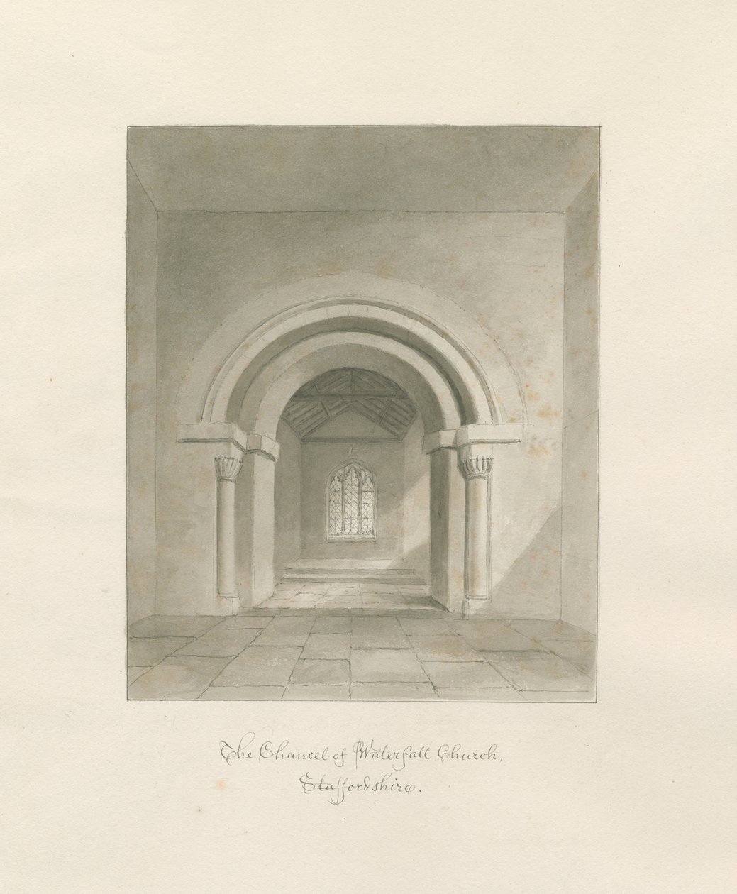 Vandfaldskirken - Kancellets indre: sepia-tegning, 1847 af John Buckler