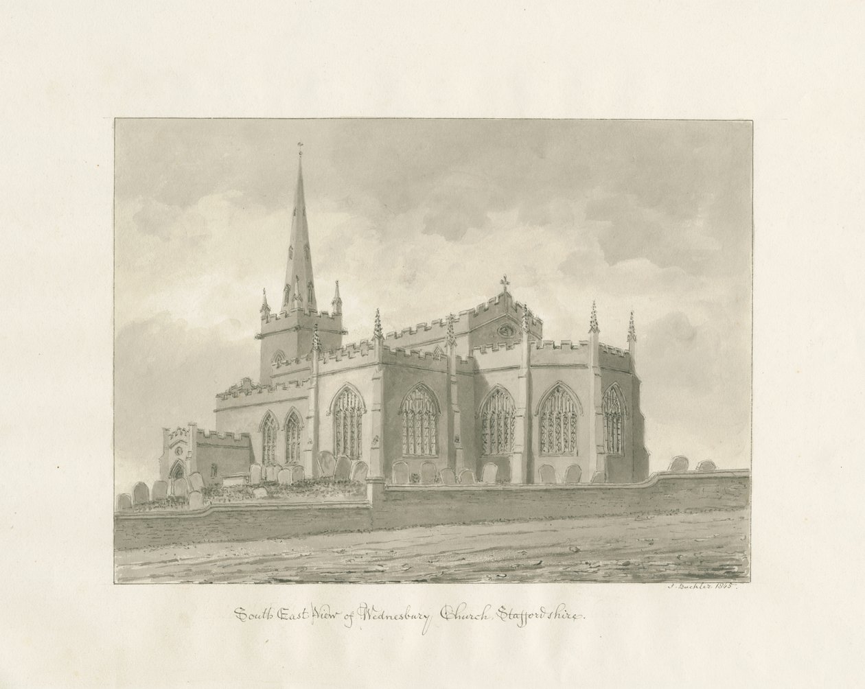 Wednesbury Church: sepia tegning af John Buckler