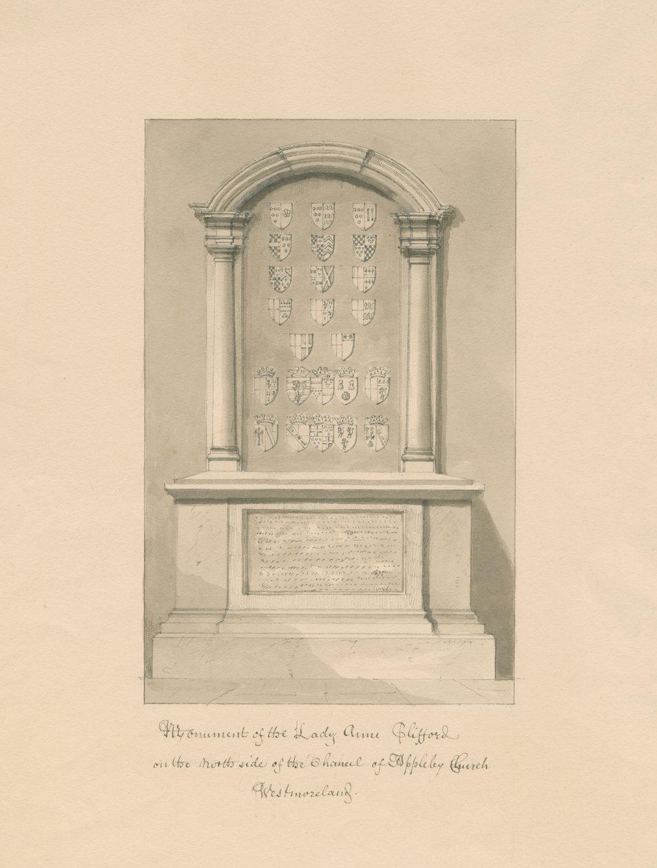 Westmorland - Appleby Church - Monument til Lady Anne Clifford: sepia tegning, 1800 af John Buckler