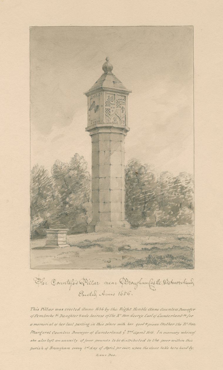 Westmorland - Brougham Castle - Countess Pillar: sepia drawing, 1800dani af John Buckler