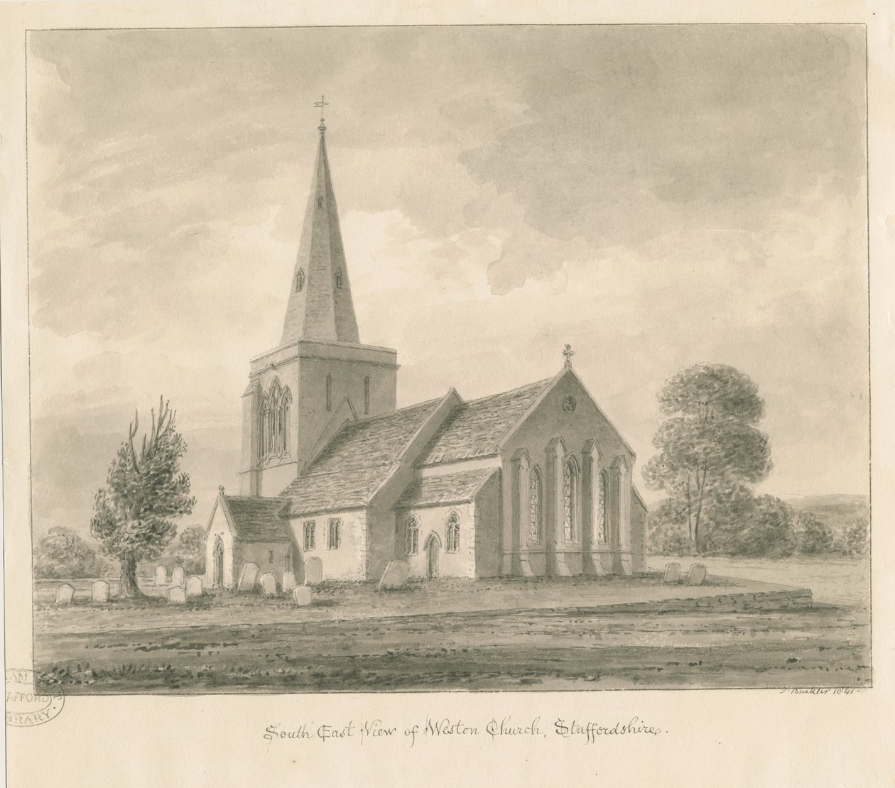Weston-on-Trent Church: sepia-tegning, 1841 af John Buckler