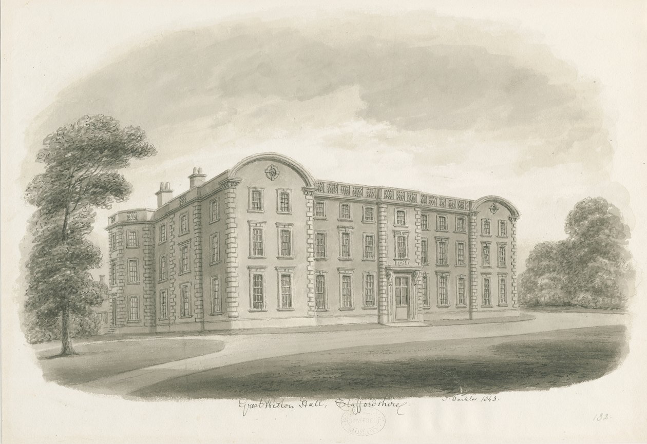 Weston-under-Lizard - Hall: sepia vask tegning af John Buckler