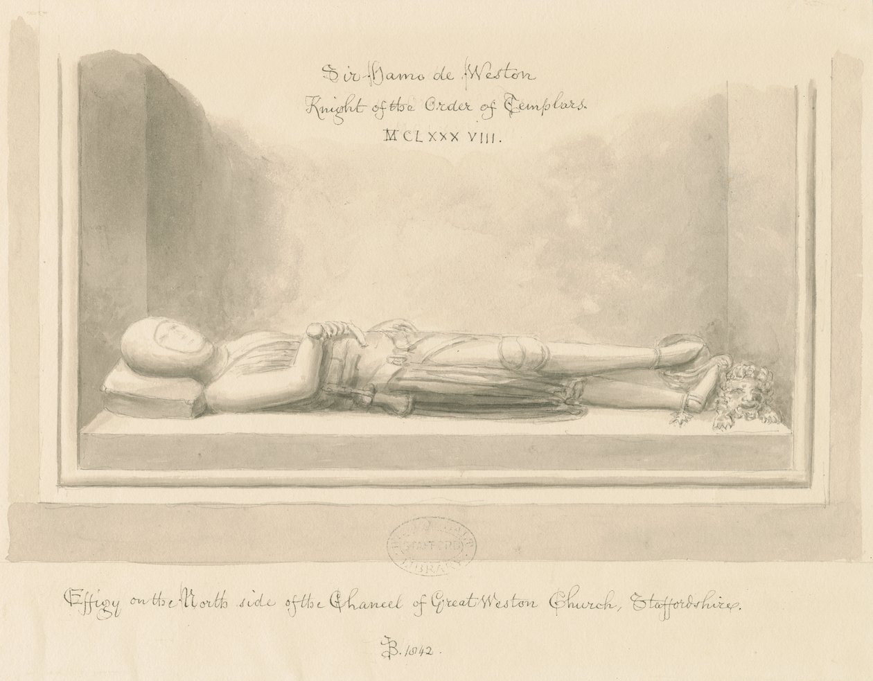 Weston-under-Lizard Church - Billede af Sir Hamo de Weston: sepia vask tegning, 1842 af John Buckler