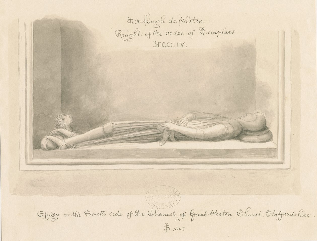 Weston-under-Lizard Church - Billede af Sir Hugh de Weston: sepia-tegning, 1842 af John Buckler