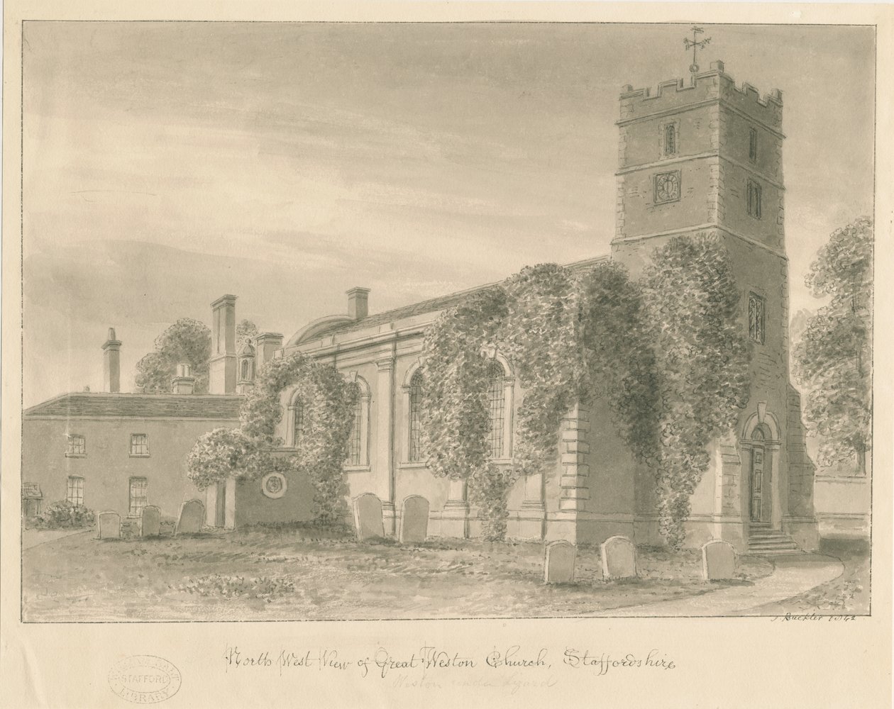 Weston-under-Lizard Church: sepia vask tegning af John Buckler