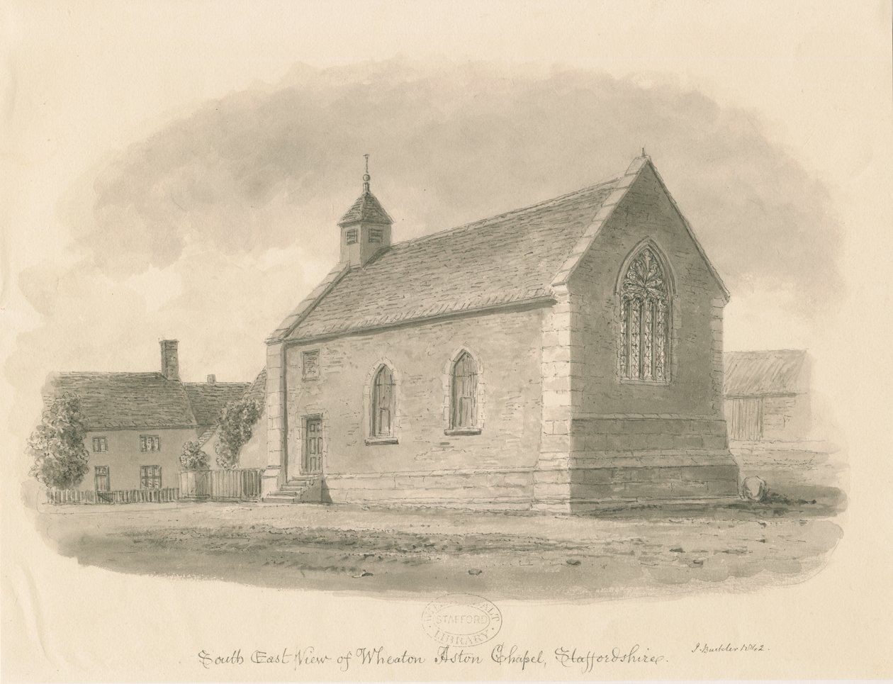 Wheaton Aston Chapel: sepia vask tegning af John Buckler