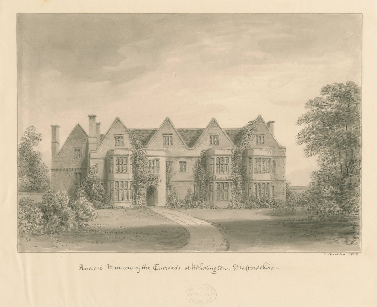 Whittington Hall: sepia tegning, 1838 af John Buckler