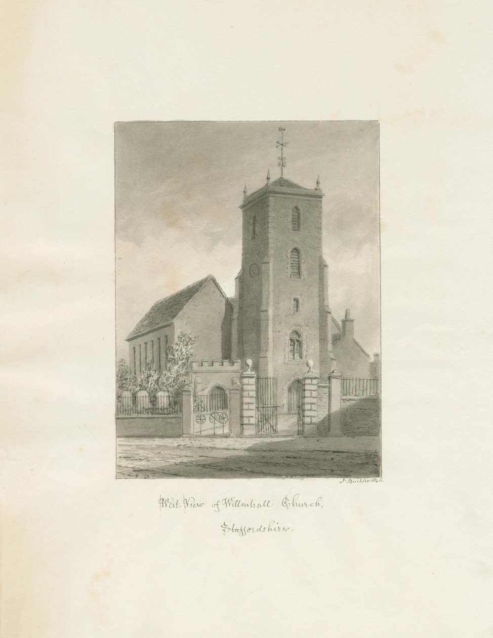 Willenhall Church: sepia tegning, 1846 af John Buckler