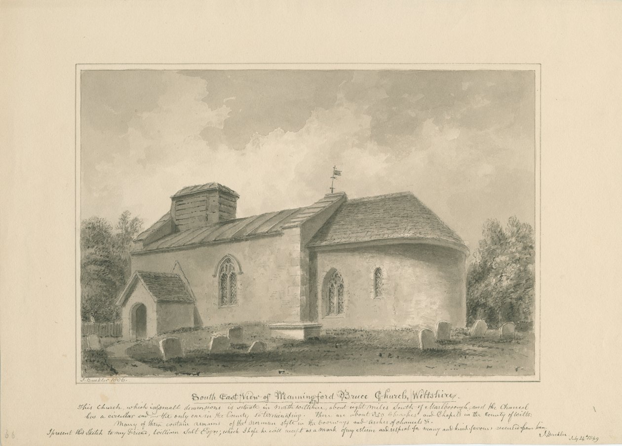 Wiltshire - Manningford Bruce Church: sepia-tegning, 1806 af John Buckler