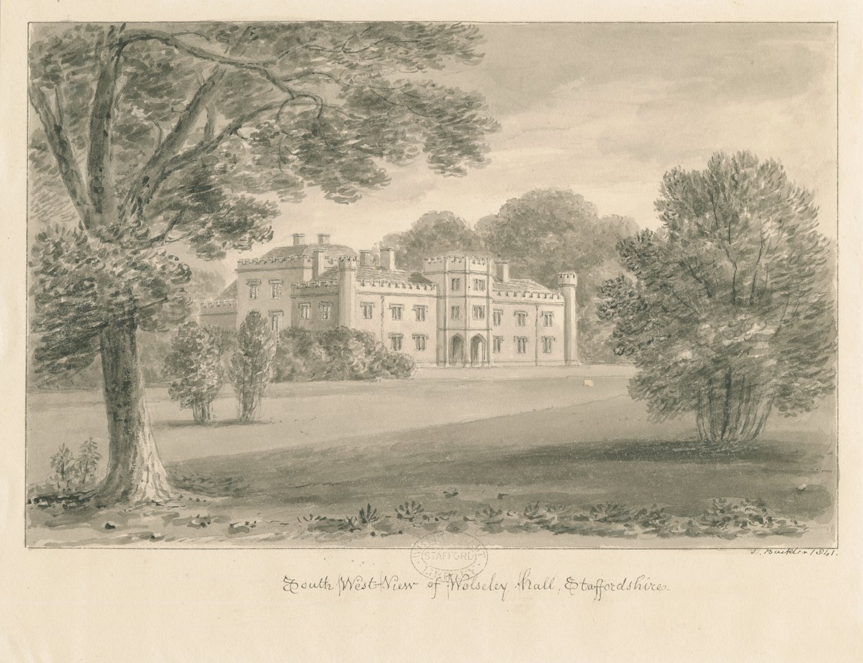 Wolseley Hall: sepia tegning, 1841 af John Buckler