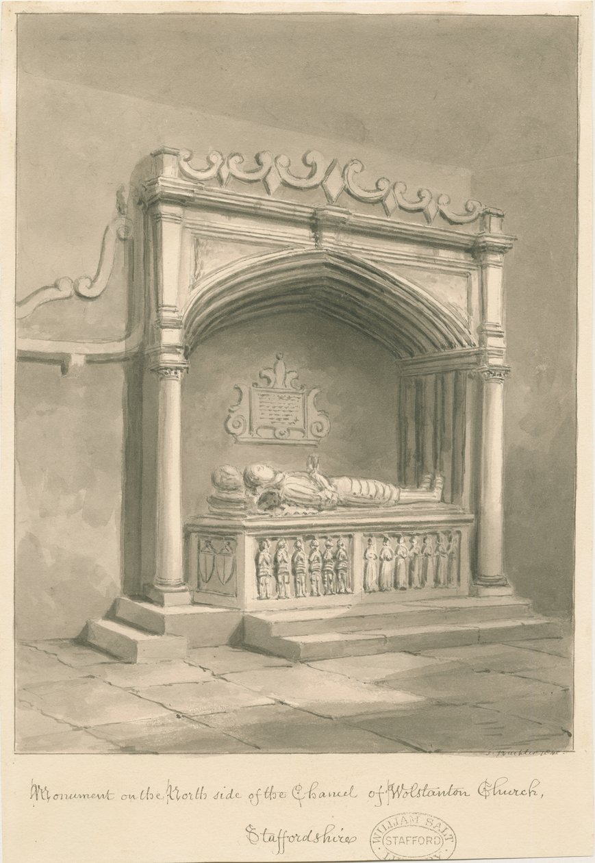 Wolstanton Church - Monument: sepia vask tegning af John Buckler