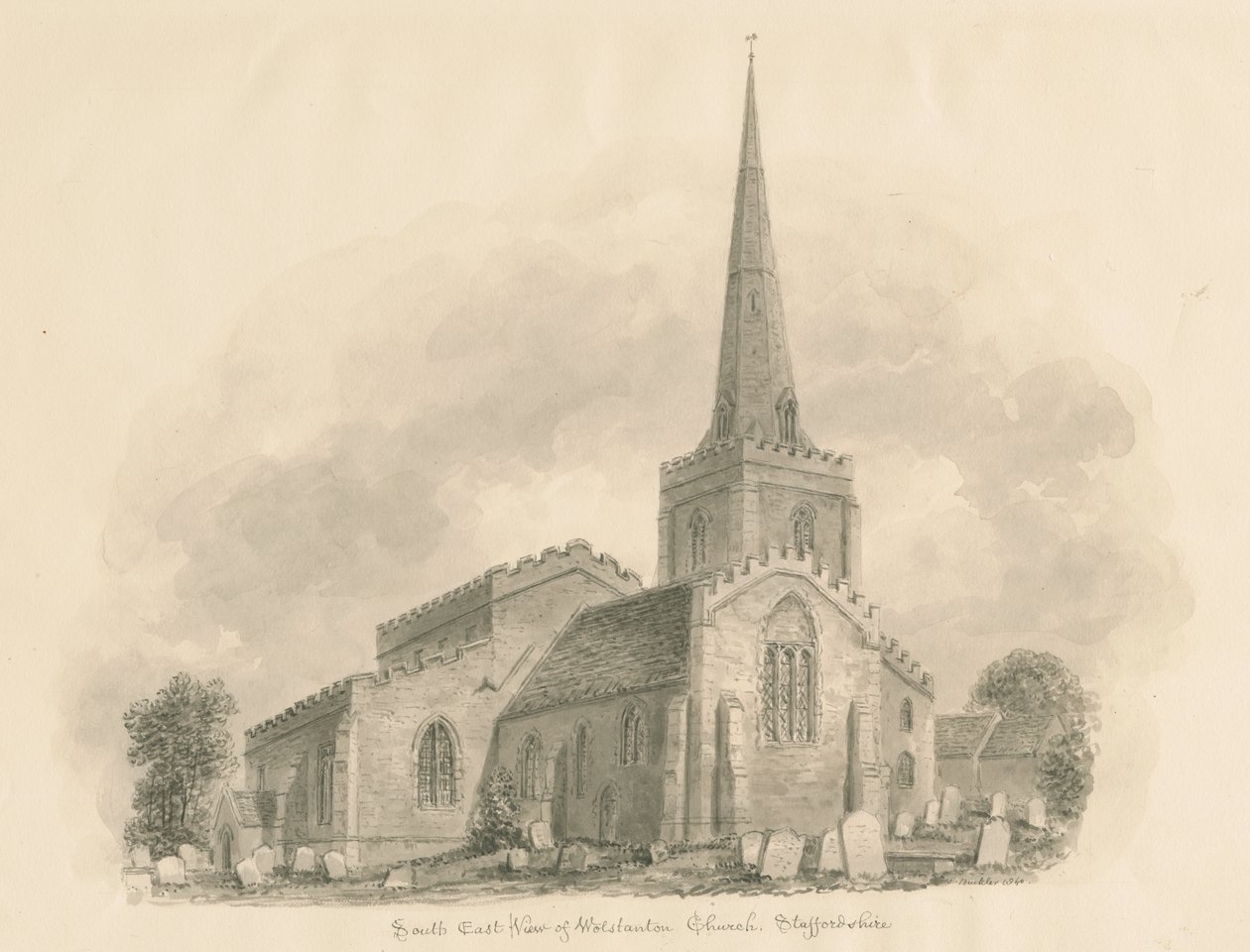Wolstanton Church: sepia tegning af John Buckler