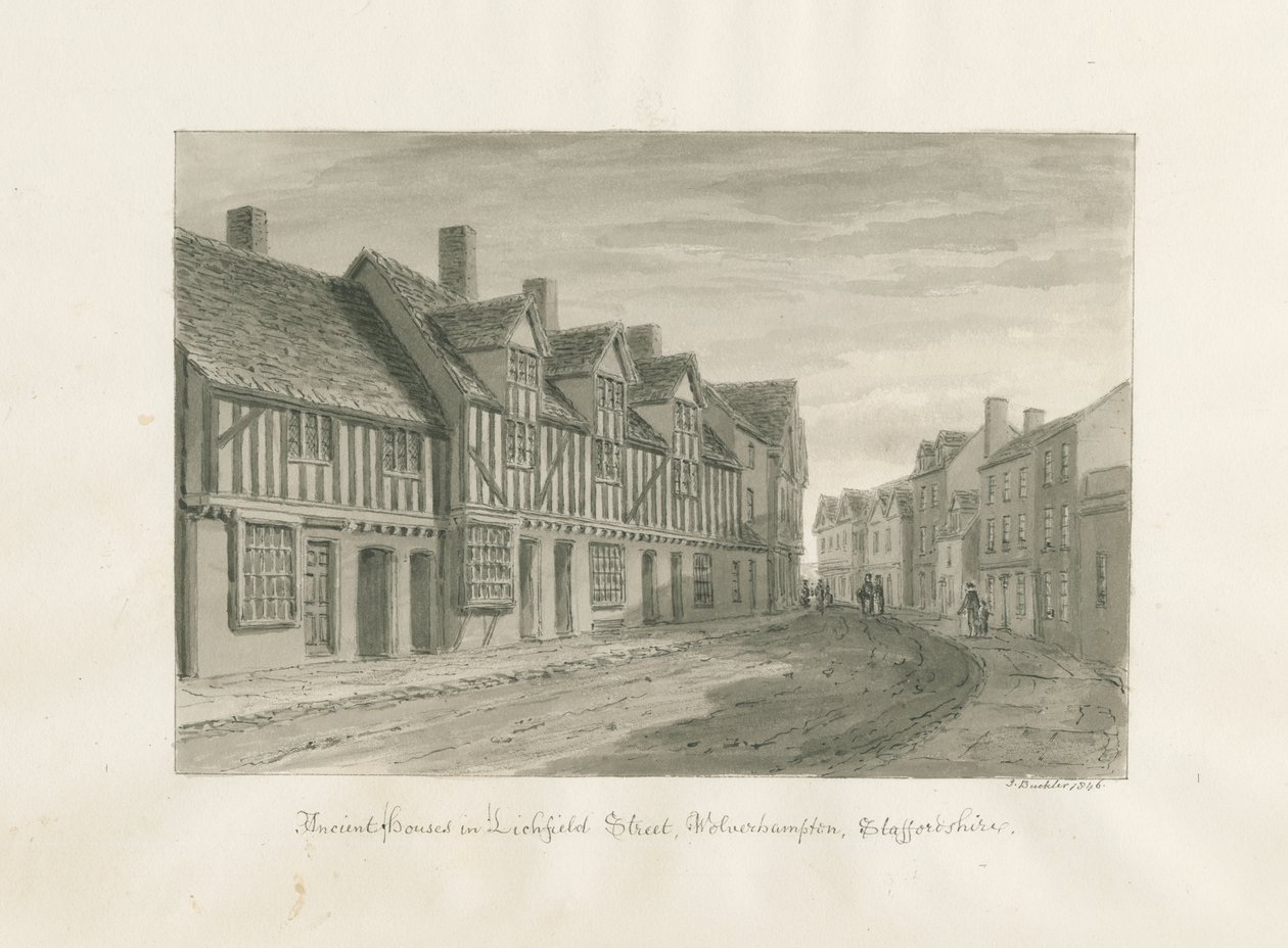 Wolverhampton - Gamle huse i Lichfield Street: sepia tegning af John Buckler
