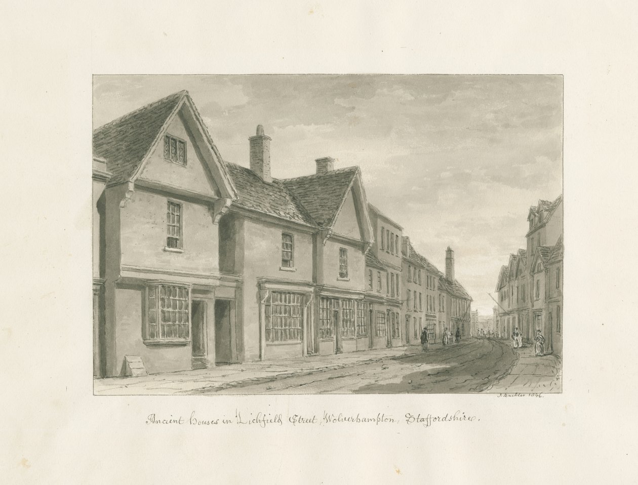 Wolverhampton - Ancient Houses in Lichfield Street: sepia-tegning af John Buckler