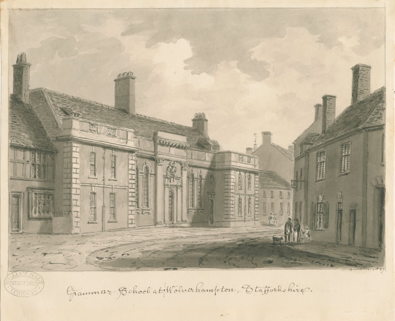 Wolverhampton - Grammar School: sepia-tegning, 1837 af John Buckler