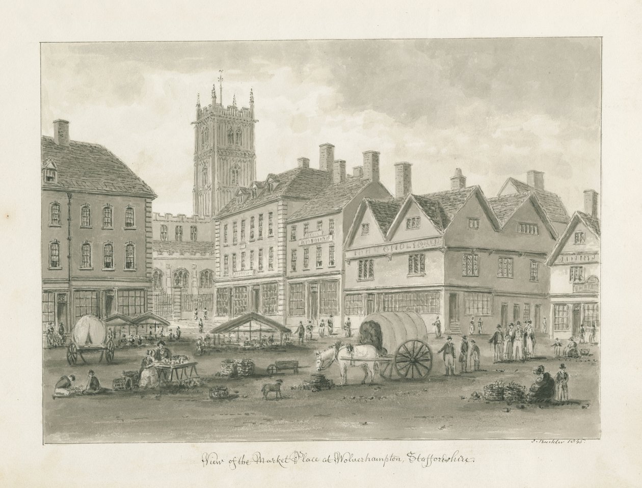 Wolverhampton - Market Place: sepia tegning af John Buckler