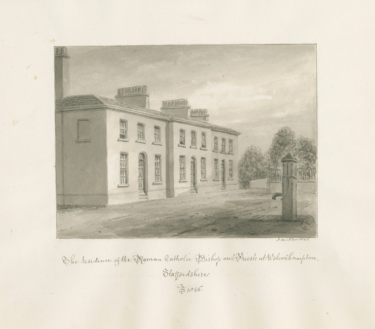Wolverhampton - Residens for den romersk-katolske biskop og præster: sepia-tegning af John Buckler