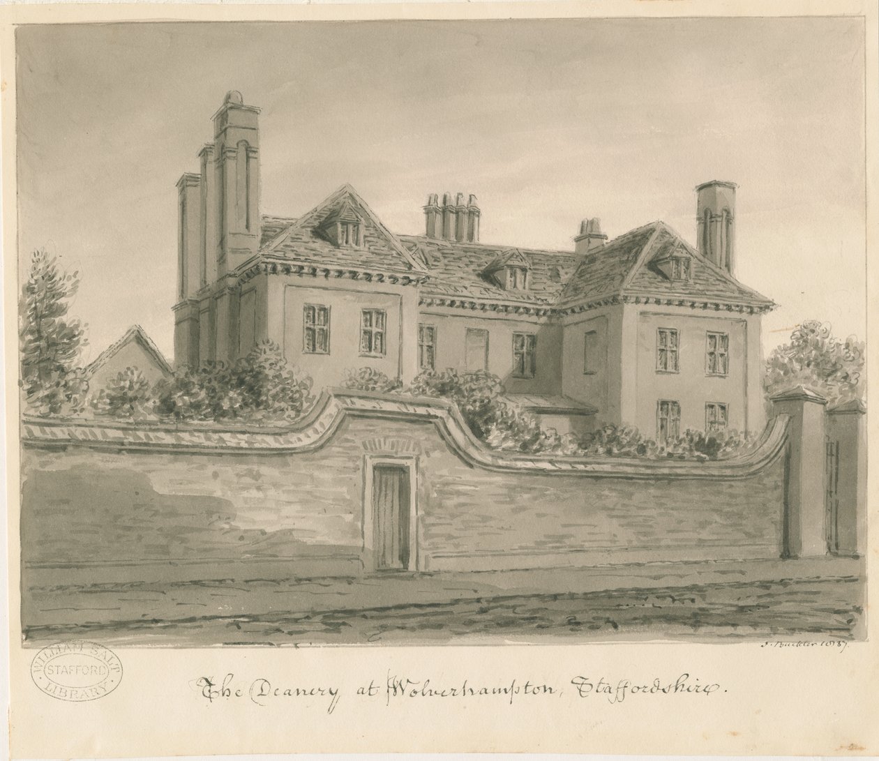 Wolverhampton - The Deanery House: sepia tegning af John Buckler