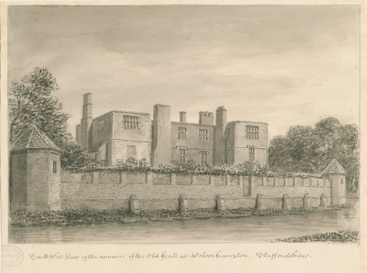 Wolverhampton - The Old Hall: sepia-tegning, 1837 af John Buckler