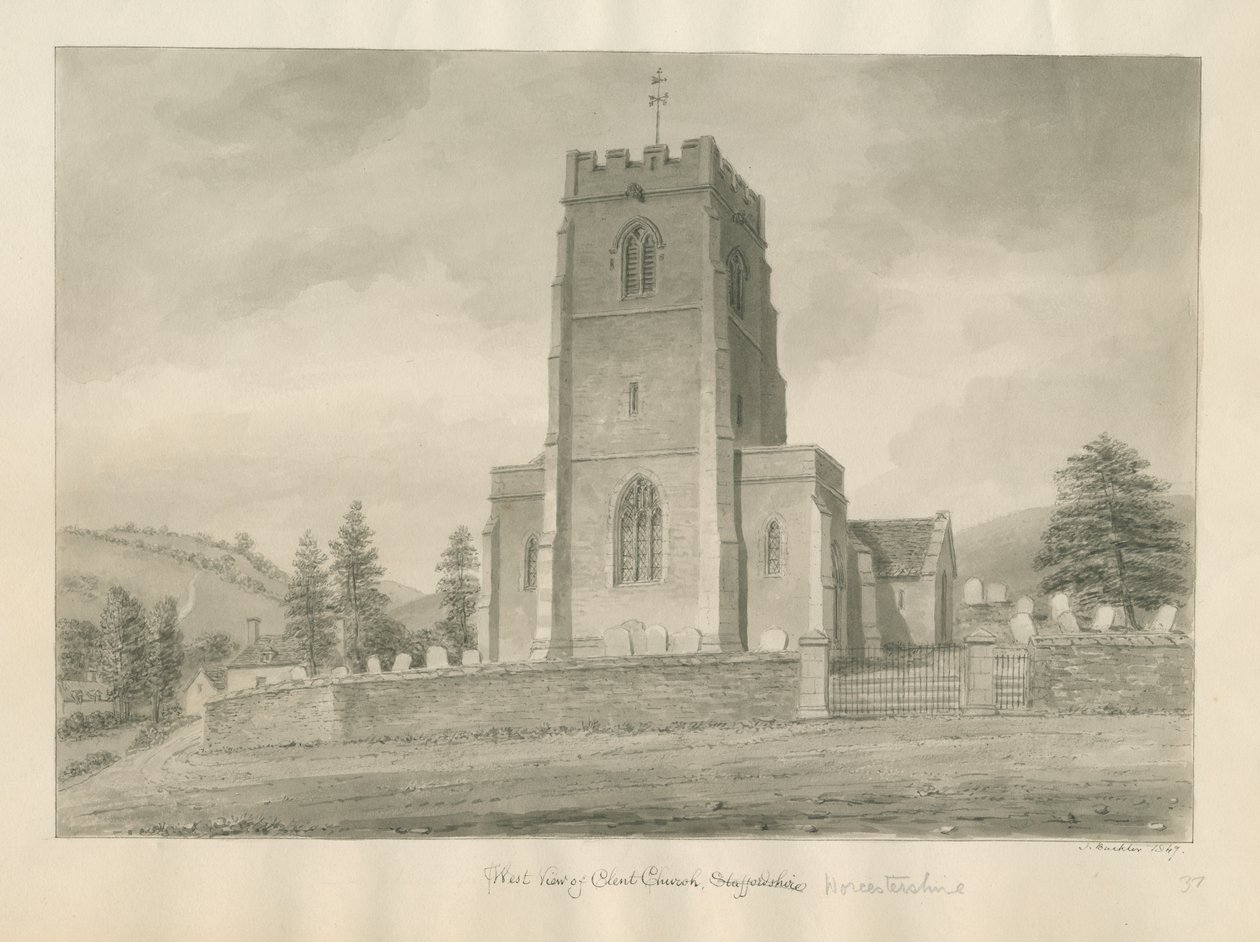 Worcestershire - Clent Church: sepia tegning af John Buckler