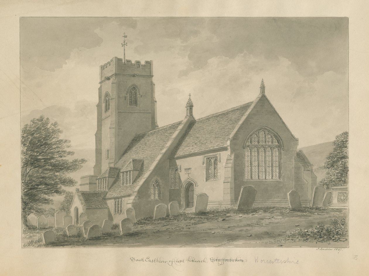 Worcestershire - Clent Church: sepia-tegning, 1847 af John Buckler