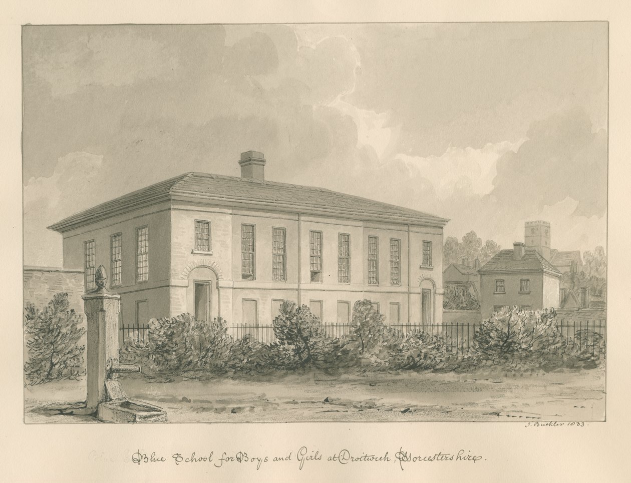 Worcestershire - Droitwich - Blue School: sepia tegning af John Buckler