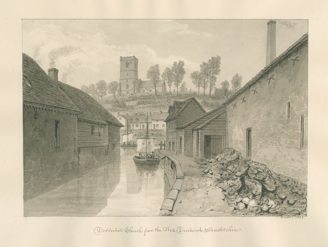 Worcestershire - Droitwich - Dodderhill Church Fjernsyn: sepia-tegning, 1833 af John Buckler
