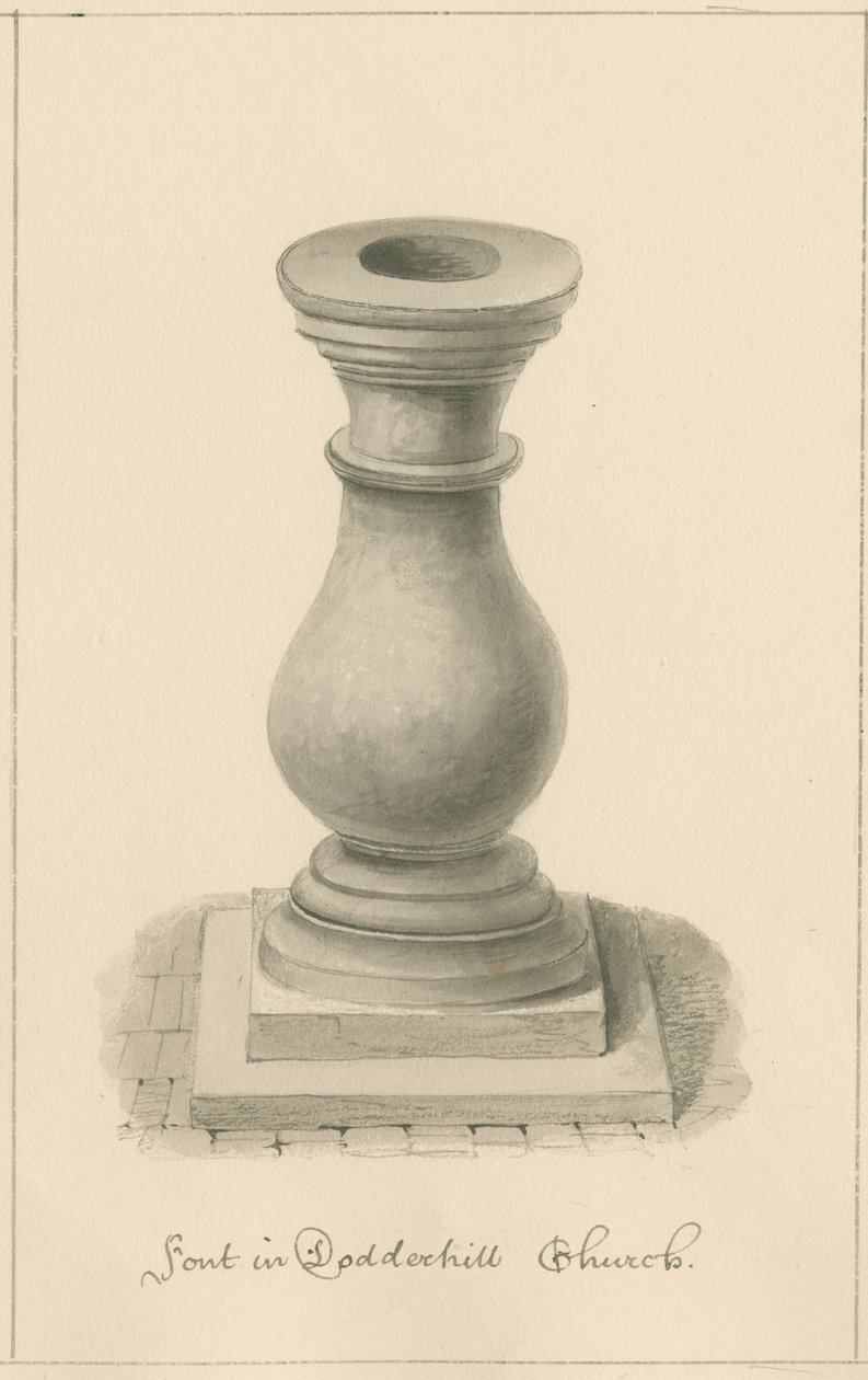 Worcestershire - Droitwich - Dodderhill Church Font: sepia-tegning, 1833 af John Buckler