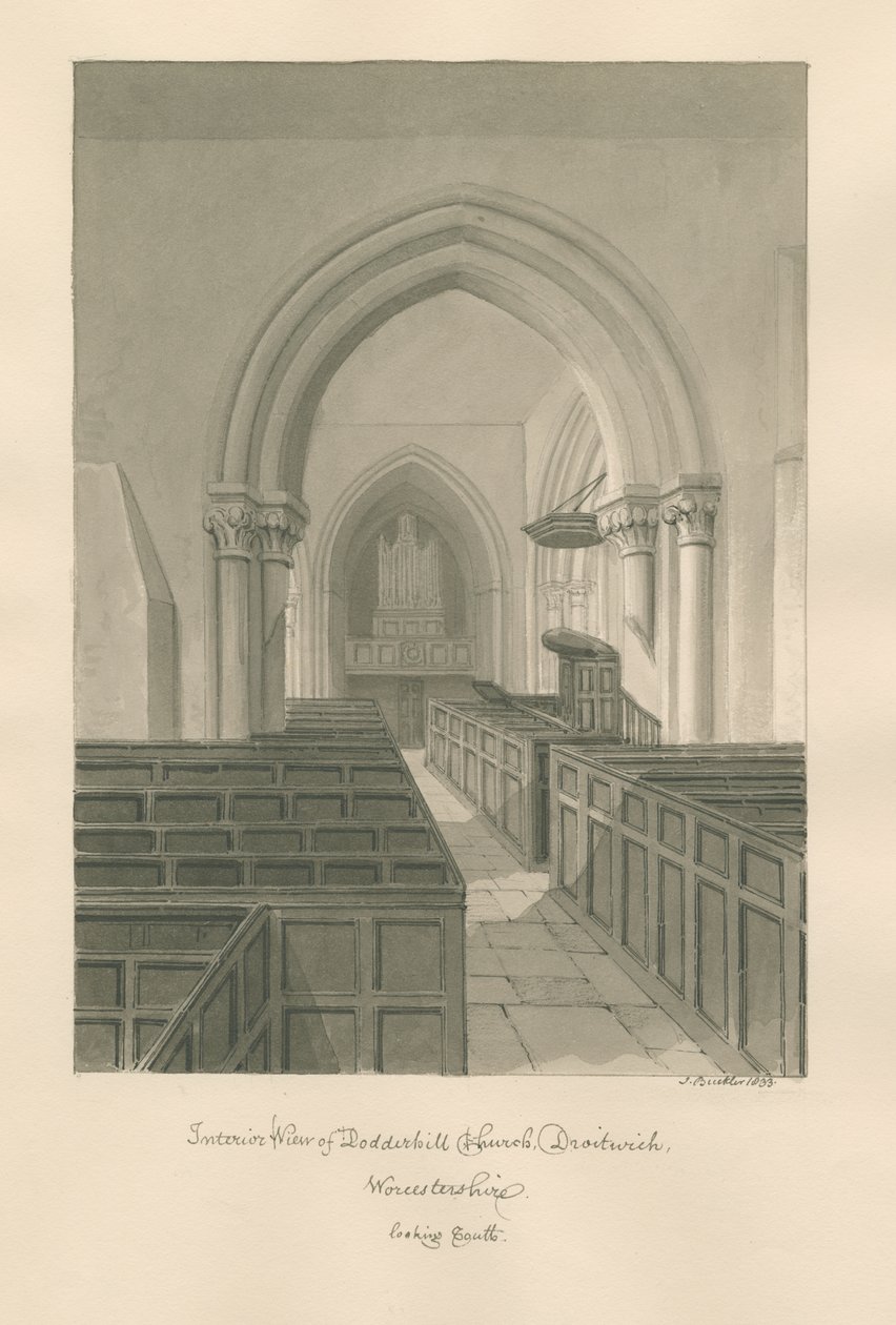 Worcestershire - Droitwich - Dodderhill Church Interiør: sepia tegning af John Buckler