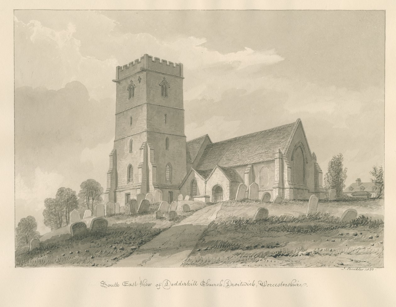 Worcestershire - Droitwich - Dodderhill Church: sepia tegning af John Buckler